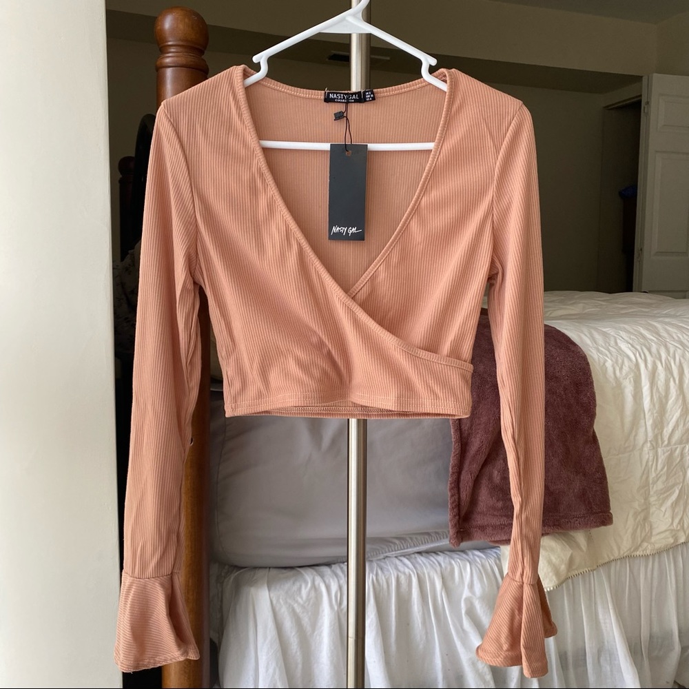 Dusty Pink Wrapover Ribbed Bell Sleeve Crop Top